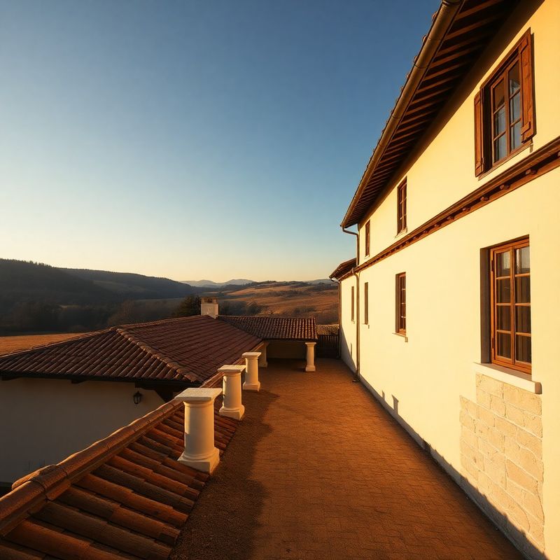 Conac românesc la asfințit, cu acoperișuri din olane terracotta și ziduri de piatră crem