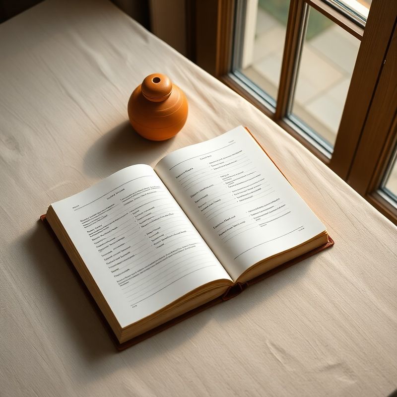 Registru deschis pe un birou de in crem, lângă o greutate de lut terracotta